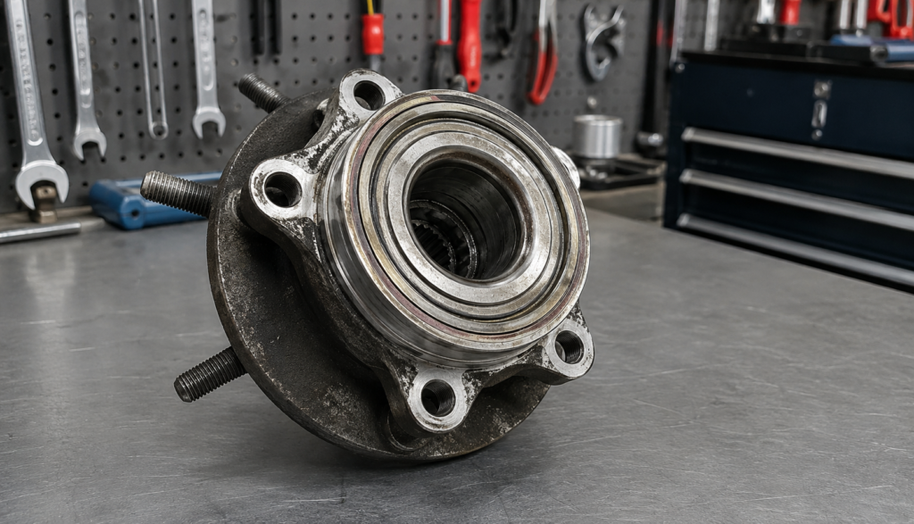 Close-up of a front wheel hub and bearing assembly removed from a vehicle