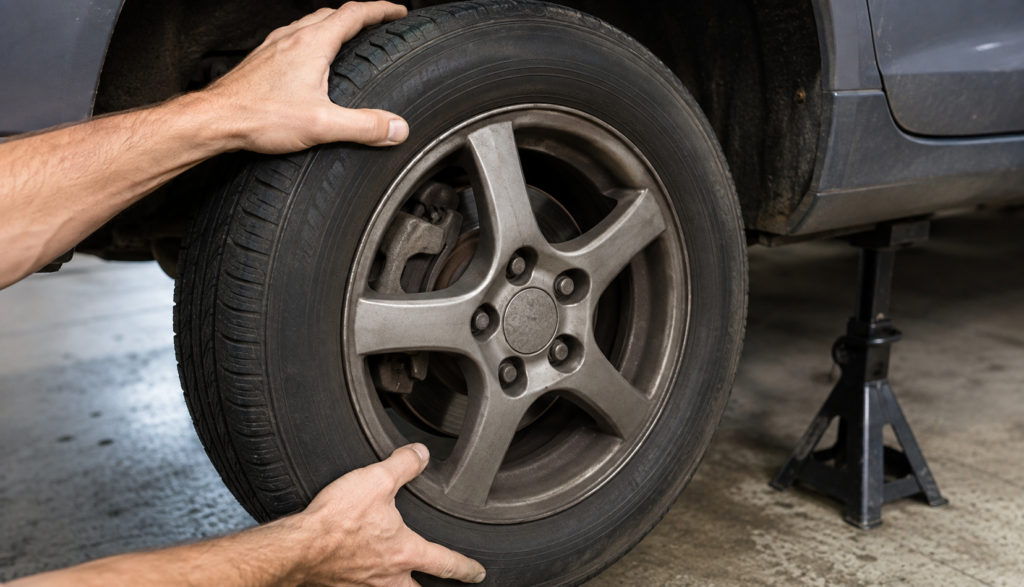 ChatGPT Image Aug 29, 2026, 06_24_11 PM Hands gripping a raised tire top and bottom to check for bearing play