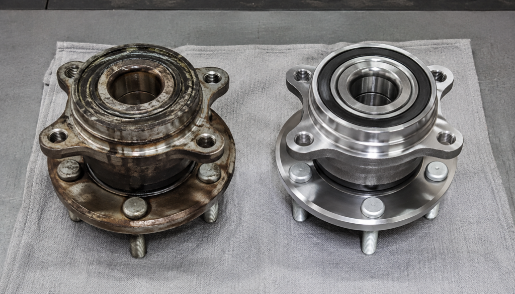 ChatGPT Image Aug 29, 2026, 06_24_12 PM Side-by-side comparison of a worn wheel bearing and a new replacement bearing