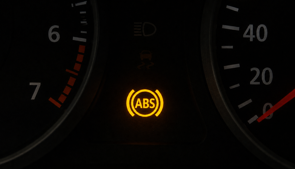 ABS warning light illuminated on car dashboard instrument cluster