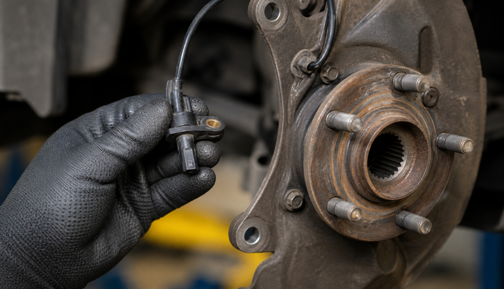 Mechanic holding a wheel speed sensor near a car wheel hub