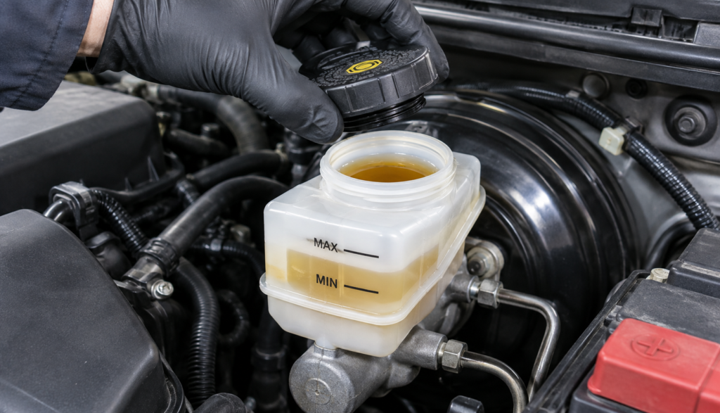 Mechanic checking brake fluid level in reservoir under hood