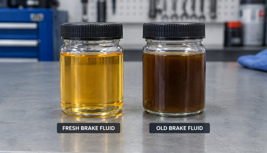 ChatGPT Image Sep 10, 2026, 08_36_26 AM Comparison of fresh versus old contaminated brake fluid color