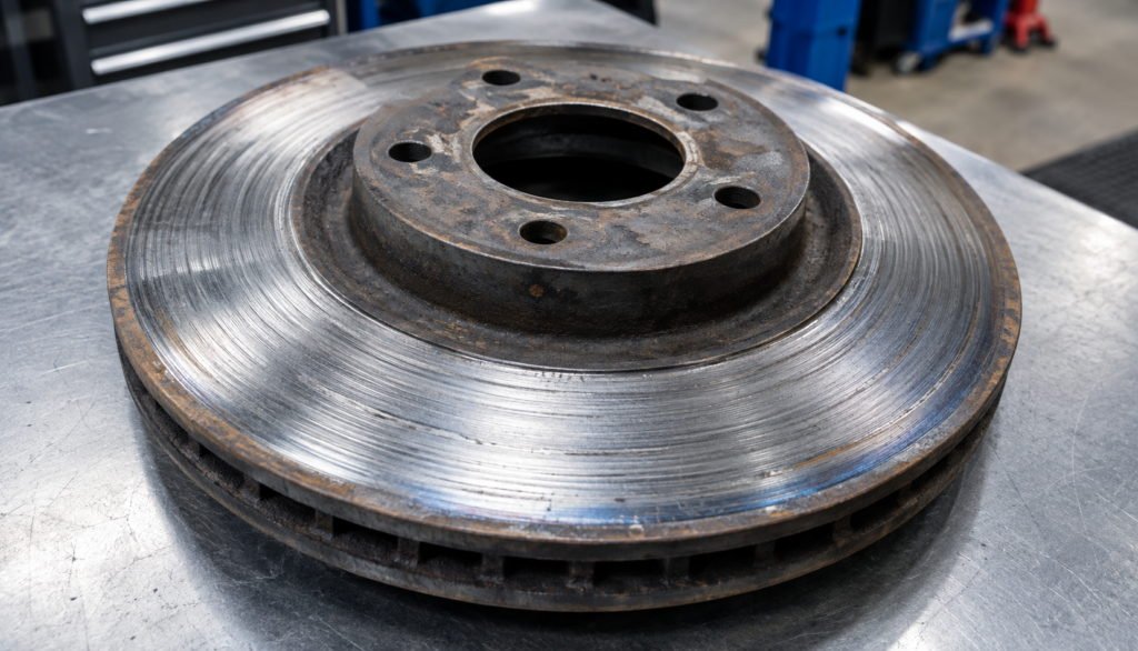 Side-by-side comparison of a worn rotor and a new replacement rotor
