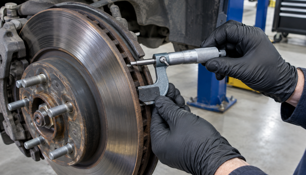 Mechanic's hands measuring brake rotor thickness with a micrometer tool