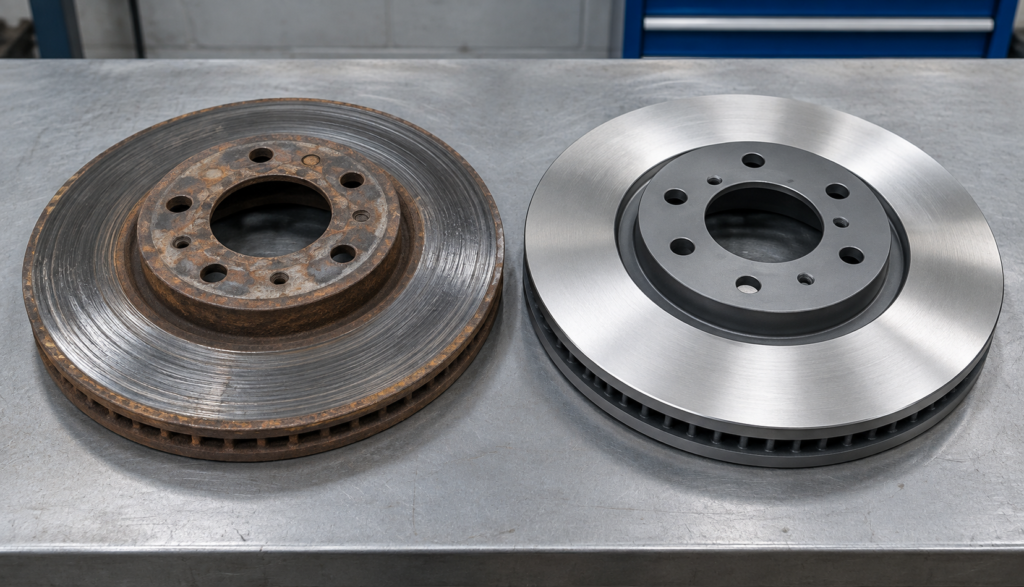 Worn brake rotor with visible grooves and blue heat discoloration on workbench