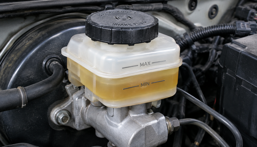 Brake fluid reservoir showing fluid level between MIN and MAX lines"