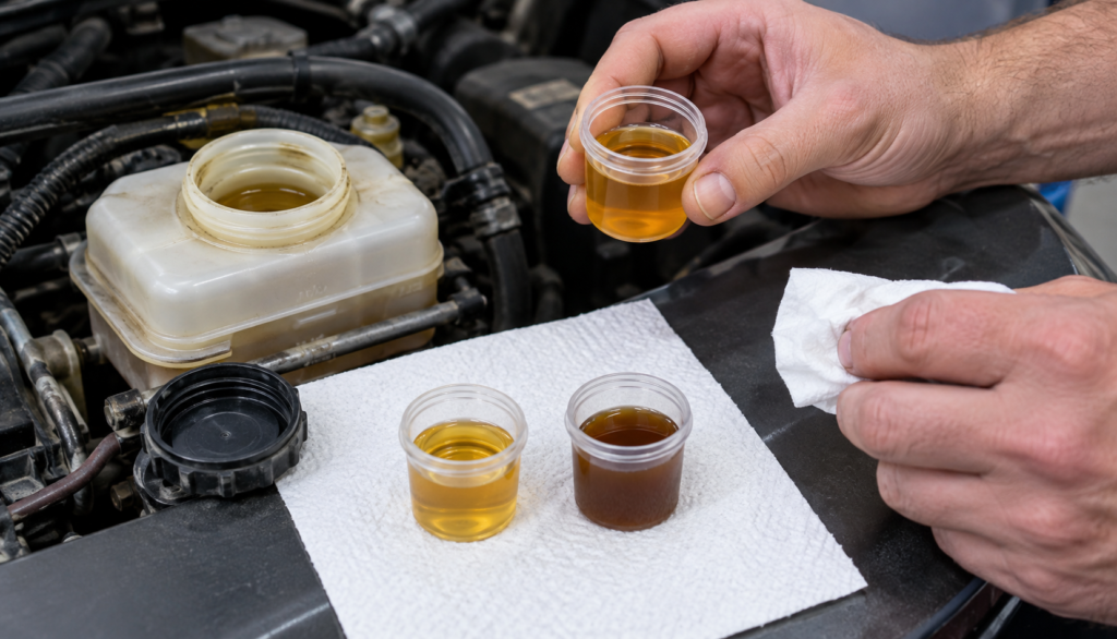 Comparison of fresh amber brake fluid versus dark contaminated fluid"