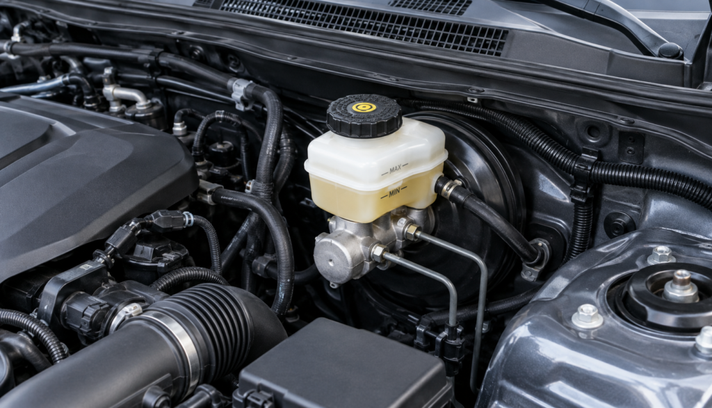 Engine bay view showing brake fluid reservoir area for routine checks"