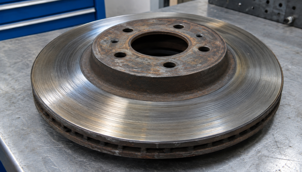 Close-up of a brake rotor surface showing uneven wear grooves"