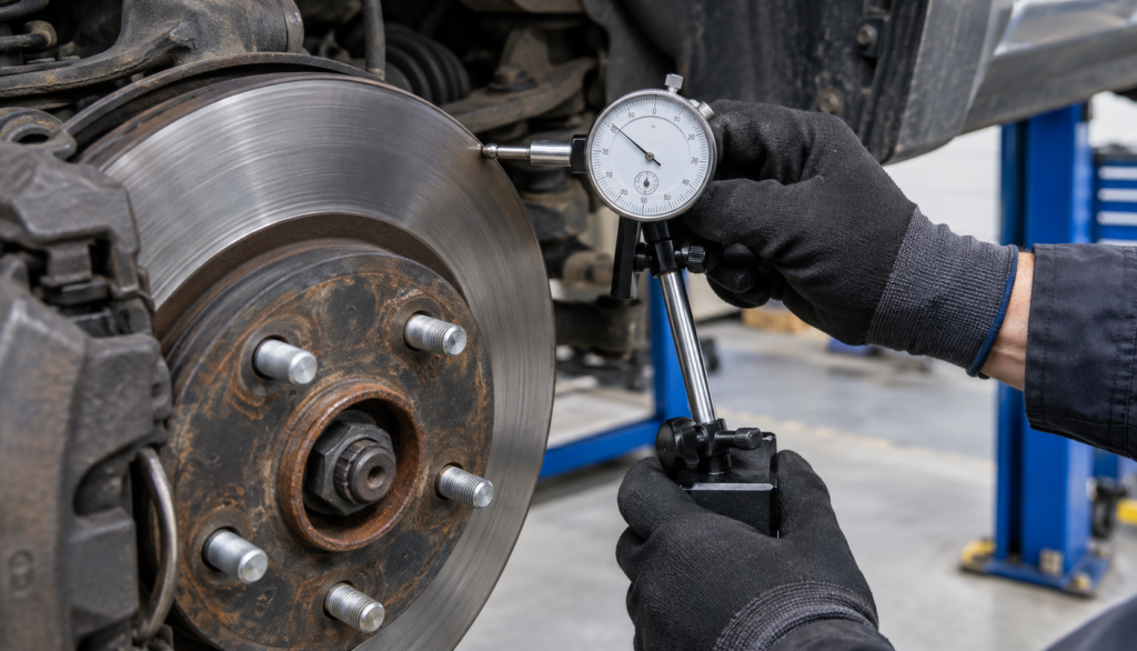Mechanic measuring brake rotor runout with a dial indicator gauge"