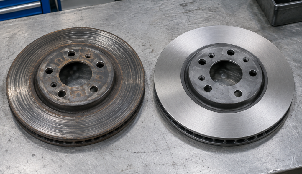 Comparison of a worn warped rotor next to a resurfaced smooth rotor"