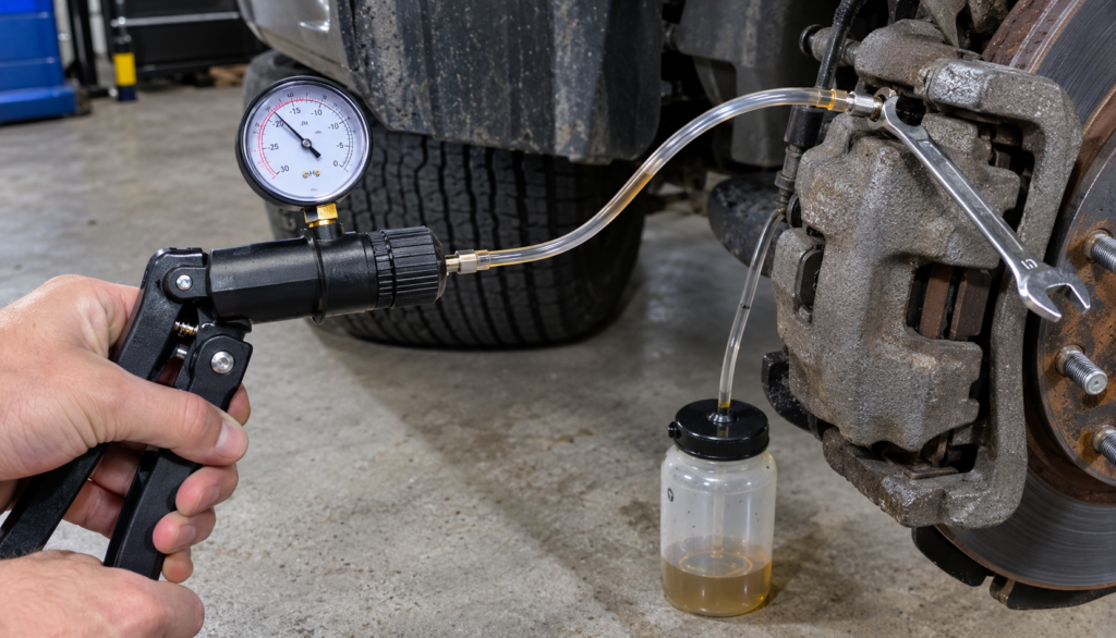 Hand vacuum bleeder pump attached to a brake caliper bleeder screw"