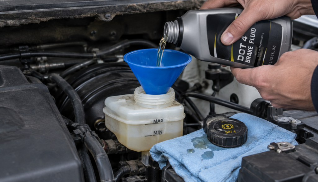 ChatGPT Image Sep 14, 2026, 03_40_49 PM Hands topping off a brake fluid reservoir with fresh DOT brake fluid"