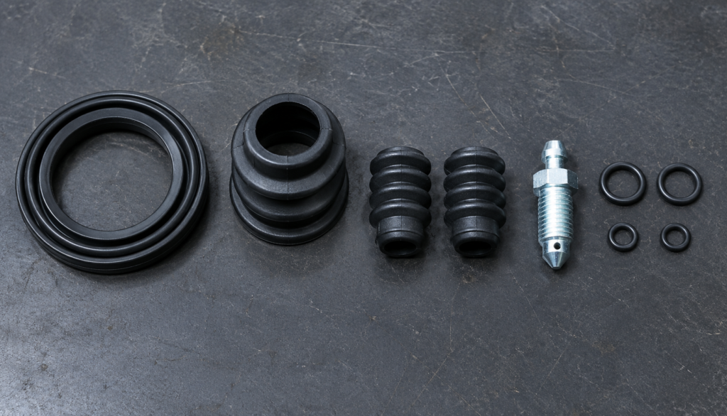 Brake caliper rebuild kit parts laid out on workbench including seals and boots"