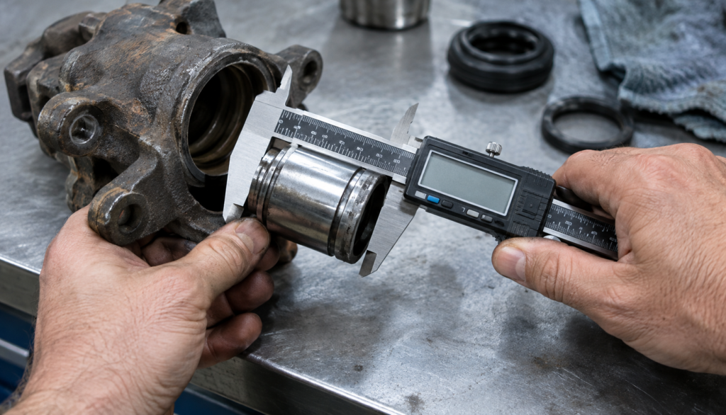 "Caliper piston diameter being measured with digital calipers in shop"