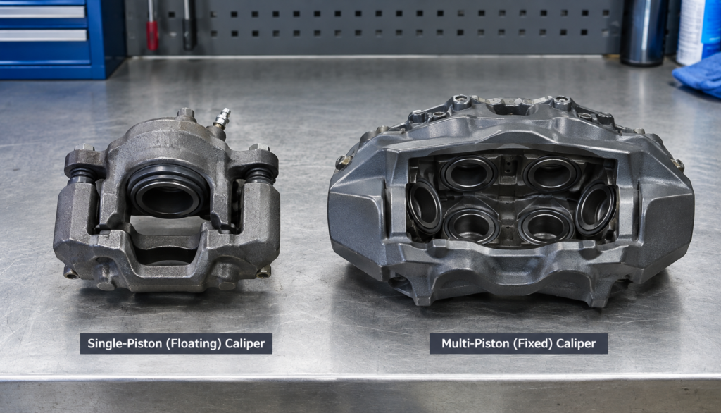Single-piston floating caliper beside multi-piston fixed caliper comparison"