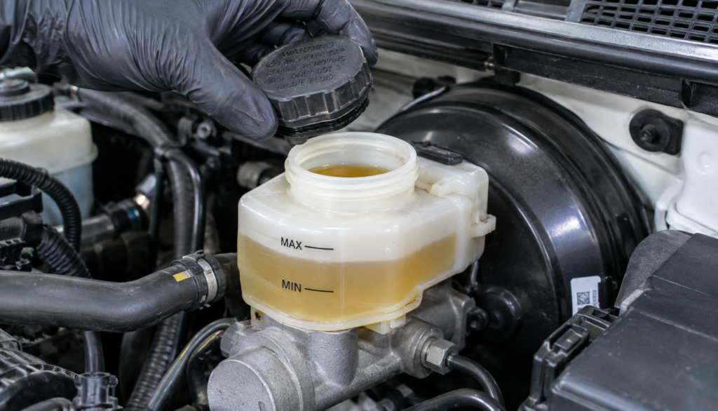 Mechanic checking brake fluid level in reservoir cap