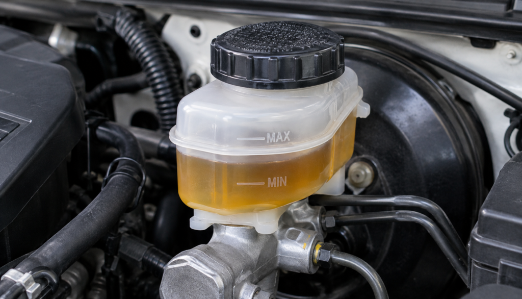 Close-up of translucent brake fluid reservoir showing fluid color and level
