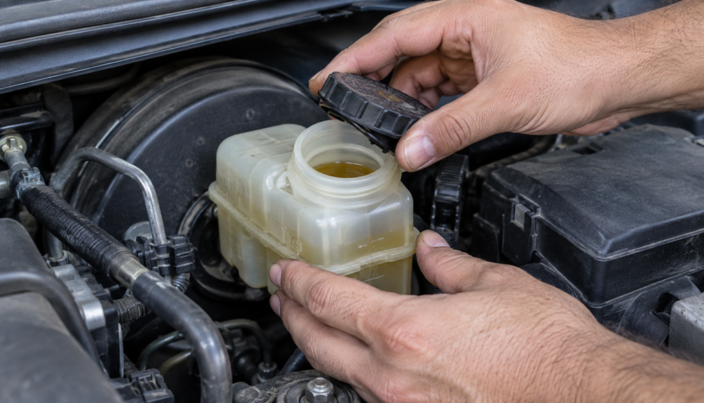 Hands inspecting brake fluid reservoir level and color in engine bay