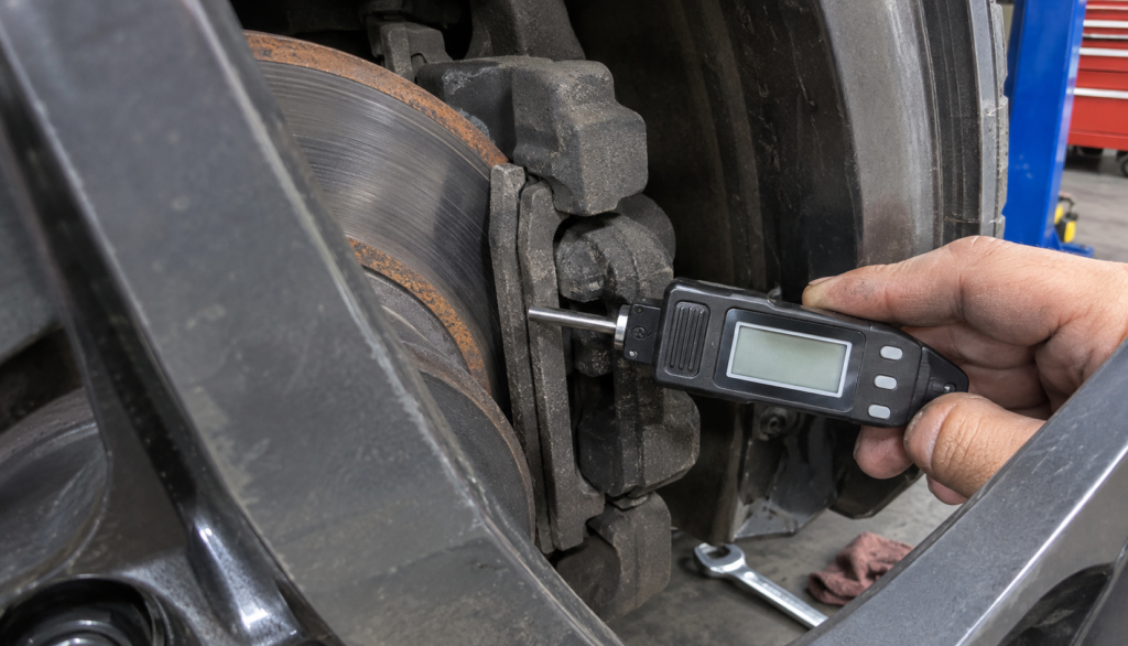 Digital brake pad thickness gauge measuring remaining pad material