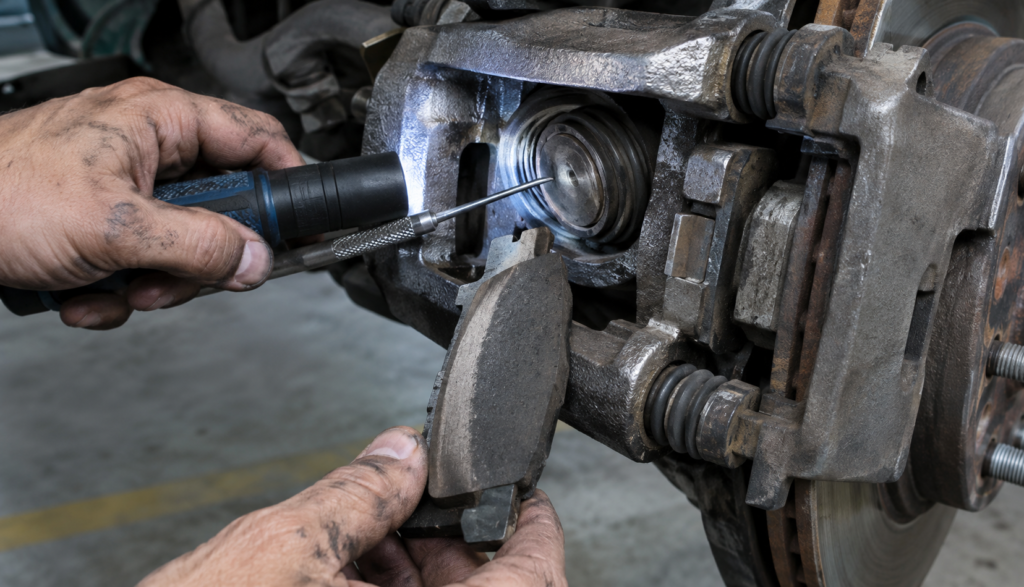 Mechanic's hands inspecting a caliper piston for uneven brake pad wear
