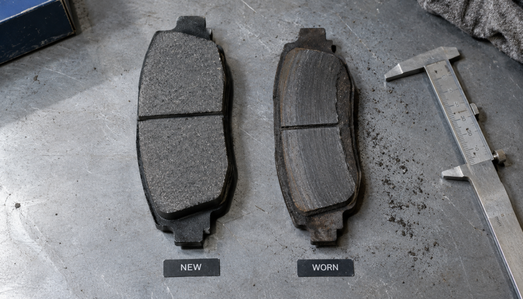 Side-by-side comparison of a new brake pad and a worn brake pad