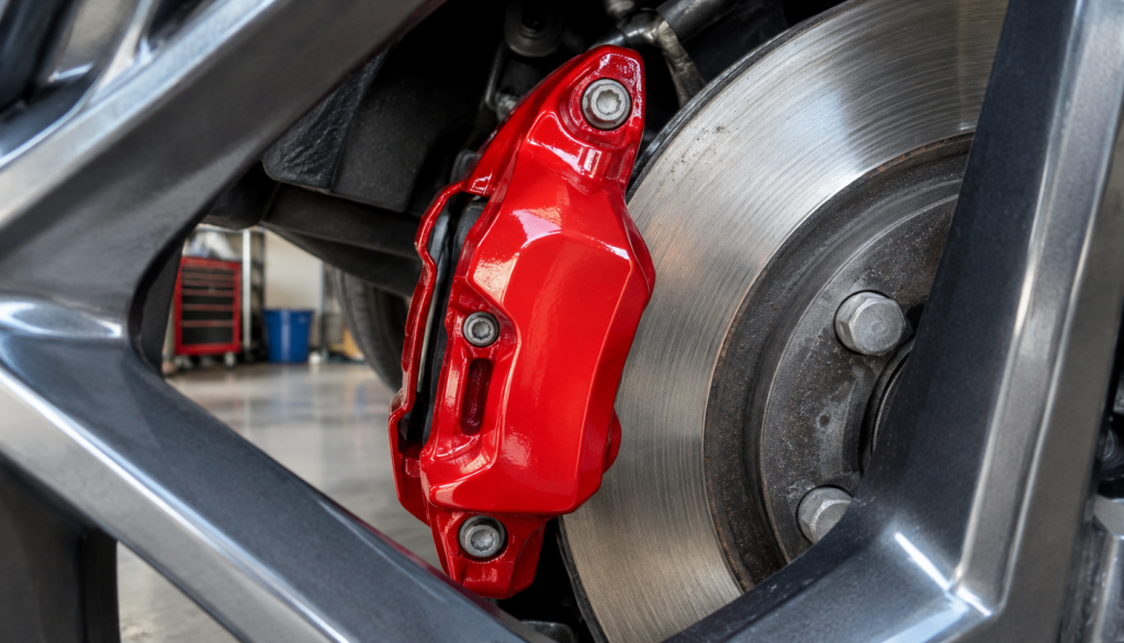 Freshly painted red brake caliper mounted behind a car wheel