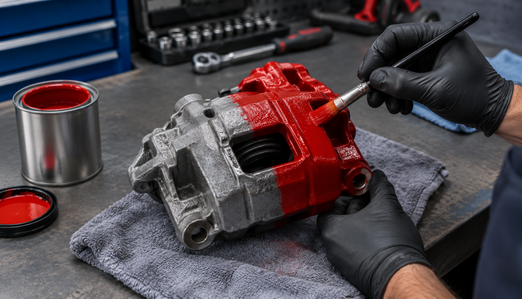 Hands painting a brake caliper red with a small brush"
