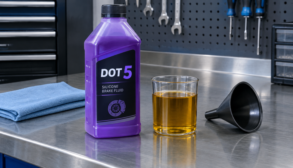 Bottle of purple DOT 5 silicone brake fluid beside a glass of amber DOT 4 fluid