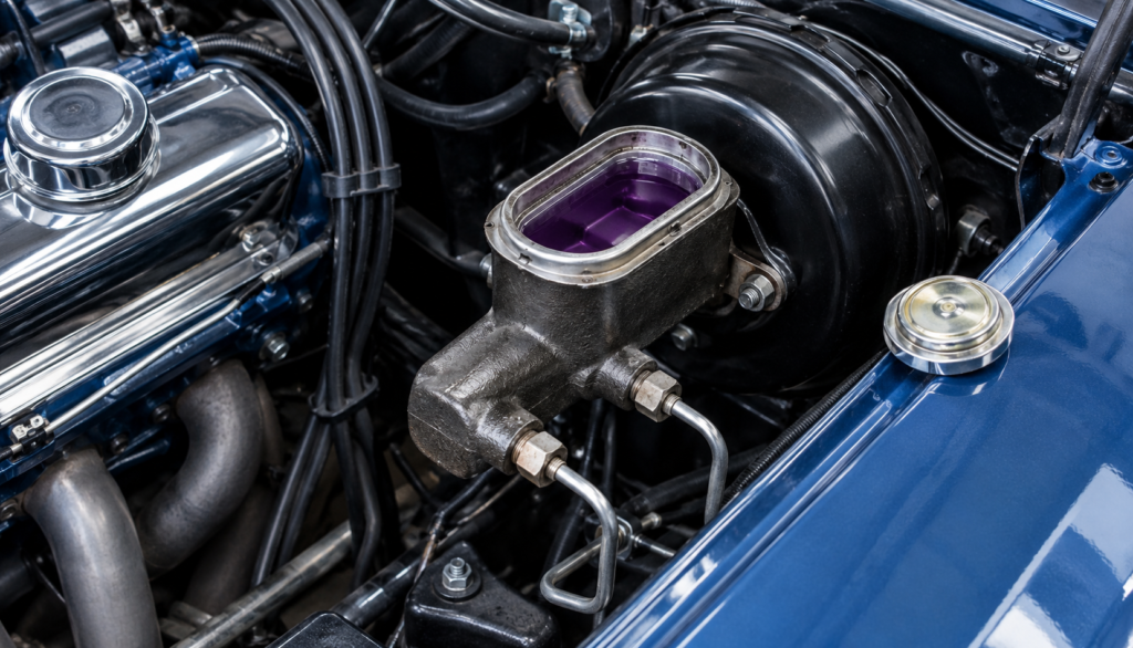 ChatGPT Image Sep 29, 2026, 06_10_19 AM Classic car master cylinder with purple fluid visible in the reservoir under garage lighting