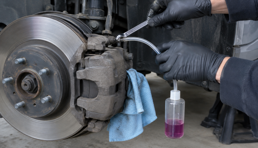 ChatGPT Image Sep 29, 2026, 06_10_20 AM Gloved hands bleeding a brake caliper with clear tubing into a catch bottle during a flush