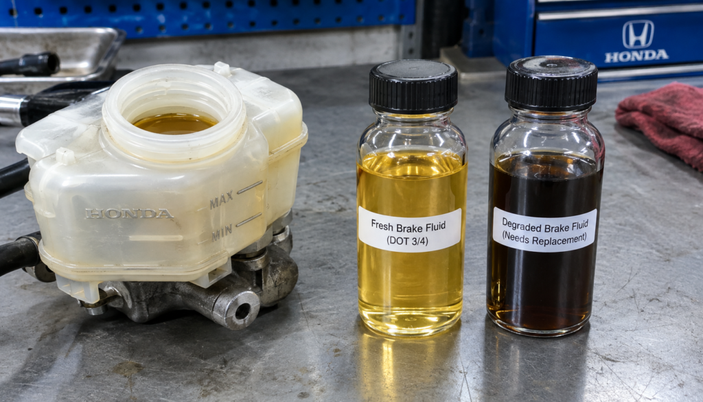 Side-by-side comparison of clear pale-amber brake fluid versus dark degraded fluid in Honda reservoir