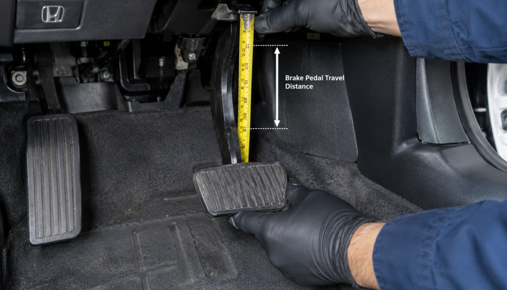 Mechanic's hands measuring brake pedal position from floor to demonstrate extended travel distance