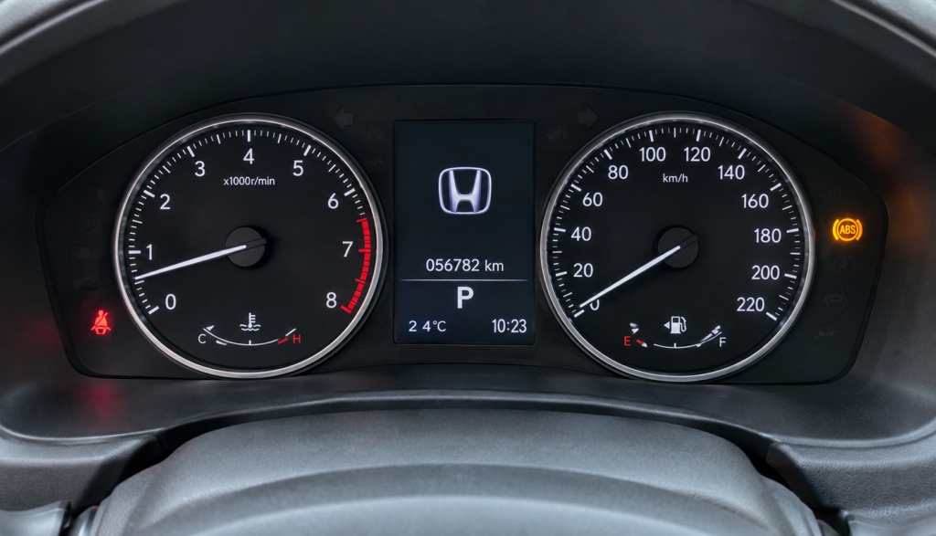 Close-up of Honda dashboard with ABS warning light illuminated on instrument cluster