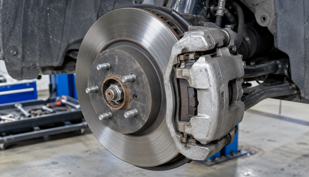 Close-up of 2021 Camry front brake rotor and caliper assembly"