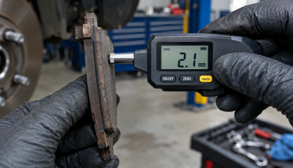"Mechanic measuring brake pad thickness with digital gauge"
