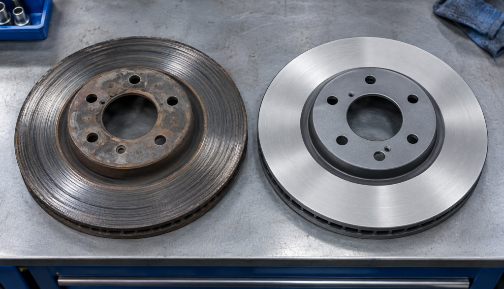 Worn brake rotor compared side-by-side with new rotor"