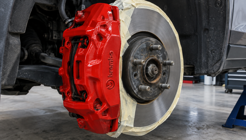 Close-up of a freshly painted red brake caliper mounted behind a car wheel"