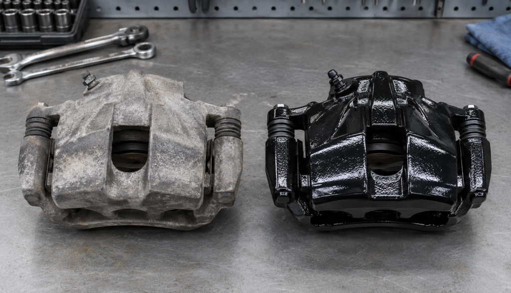 Side-by-side comparison of a worn caliper and a freshly painted caliper"
