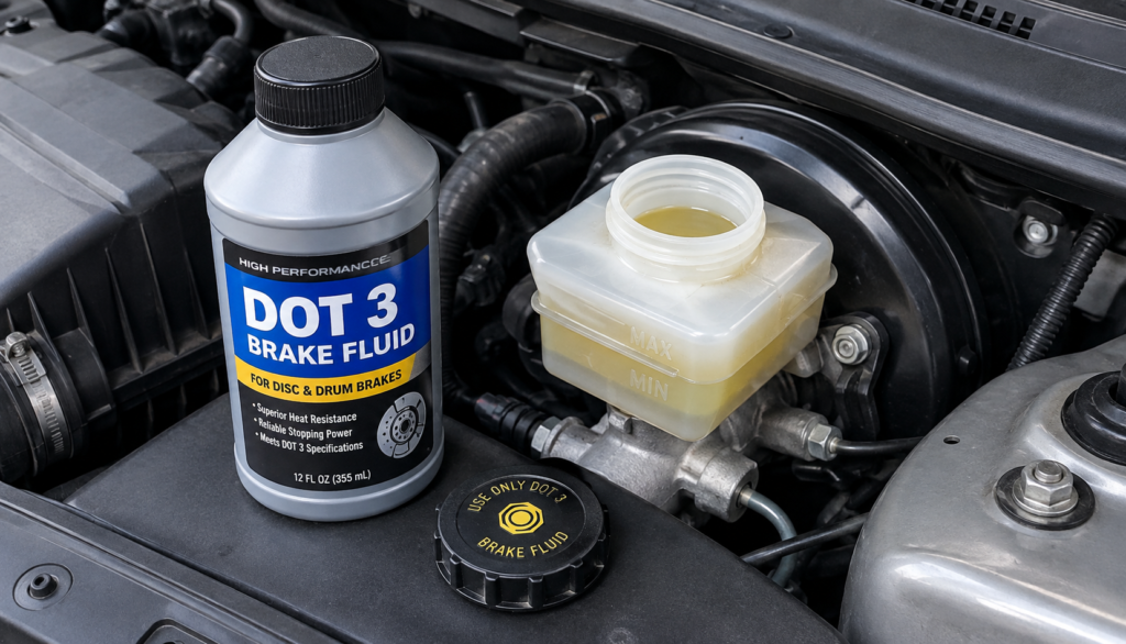 DOT 3 brake fluid bottle beside an open master cylinder reservoir