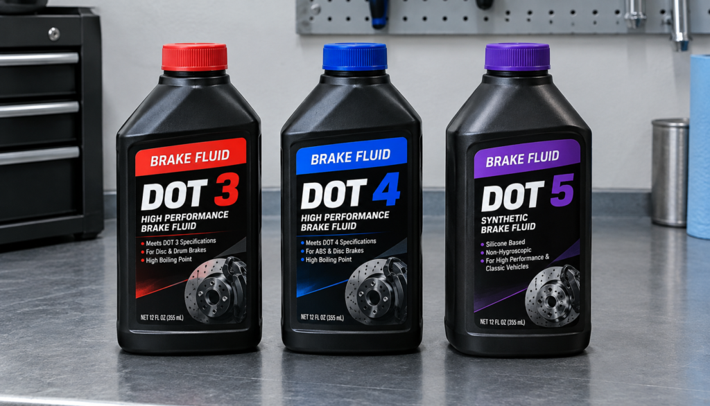 Three brake fluid bottles labeled DOT 3, DOT 4, and DOT 5 side by side