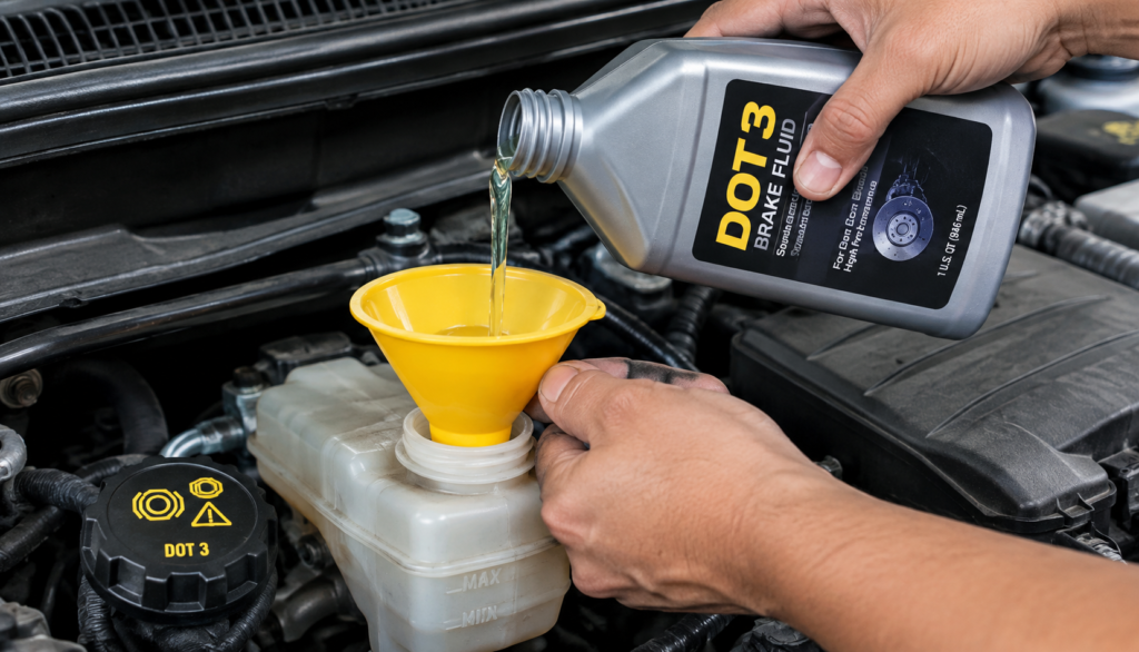 Hands pouring brake fluid into a reservoir using a funnel