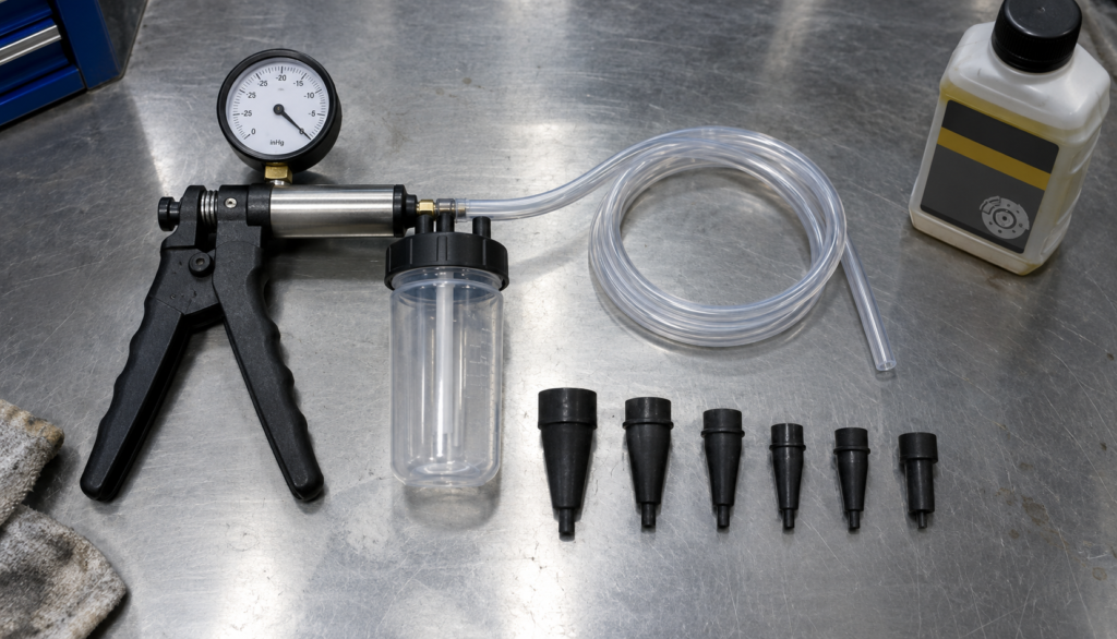 Automotive Brake Bleeder Kit Flat Lay Hand vacuum pump with gauge and adapters laid out on a workbench