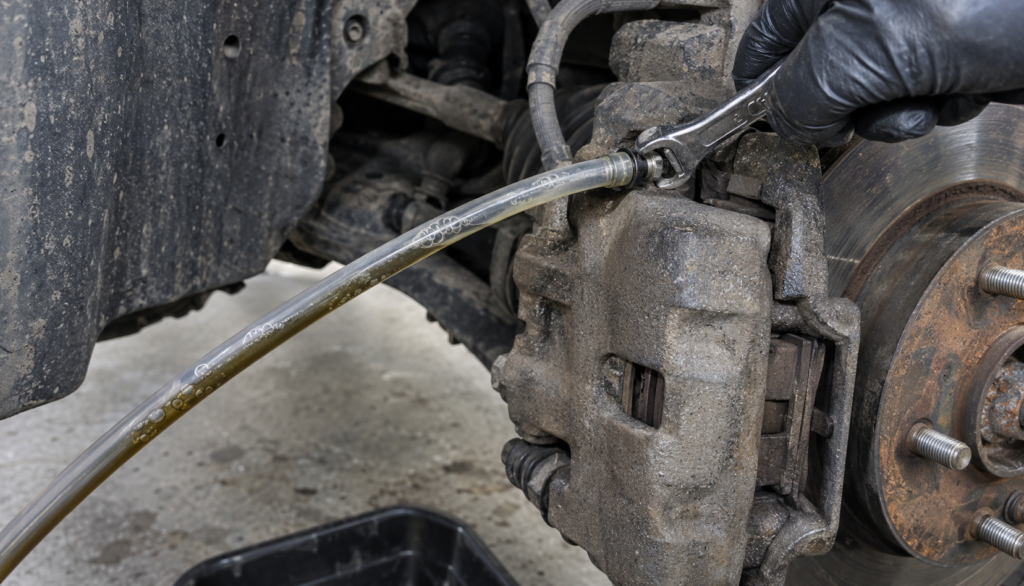 Brake Bleeding in Progress Clear hose attached to a brake caliper bleed screw during vacuum bleeding