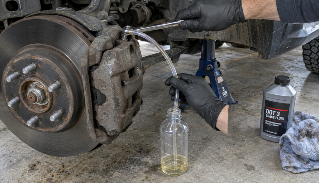 Hands turning a box wrench on a bleeder screw with tube draining into catch bottle