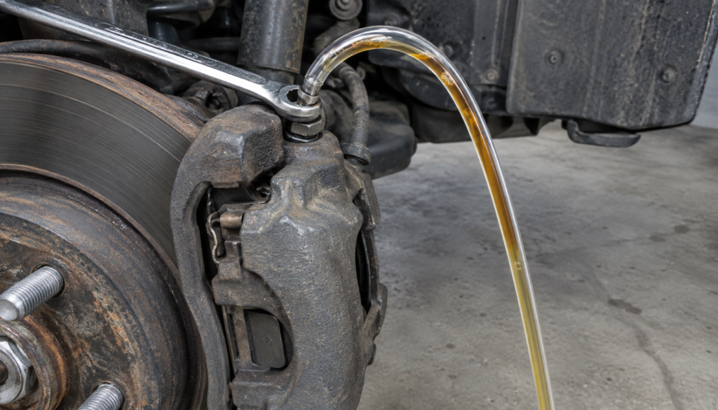Close-up of a brake caliper bleeder screw with clear tubing attached and fluid draining