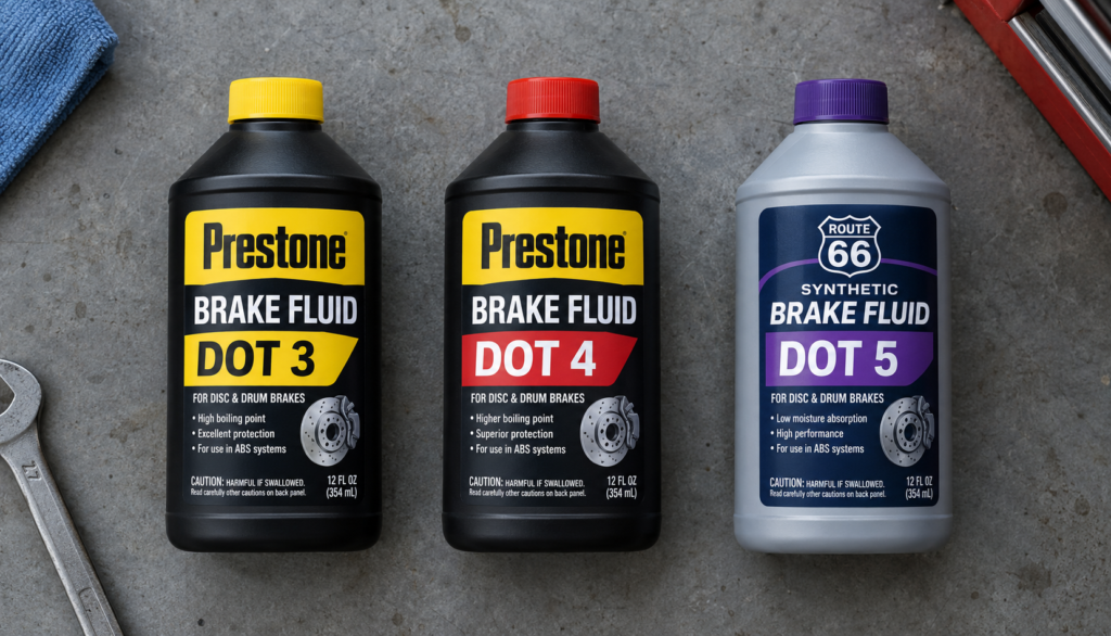 Three brake fluid bottles showing DOT 3 DOT 4 and DOT 5 ratings side by side