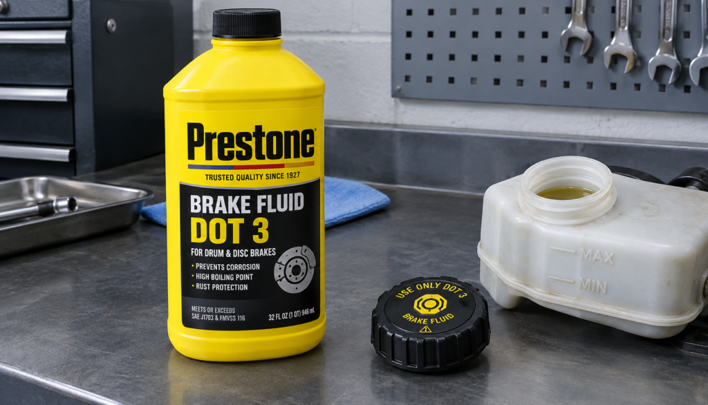 Prestone DOT 3 brake fluid bottle next to open brake fluid reservoir cap