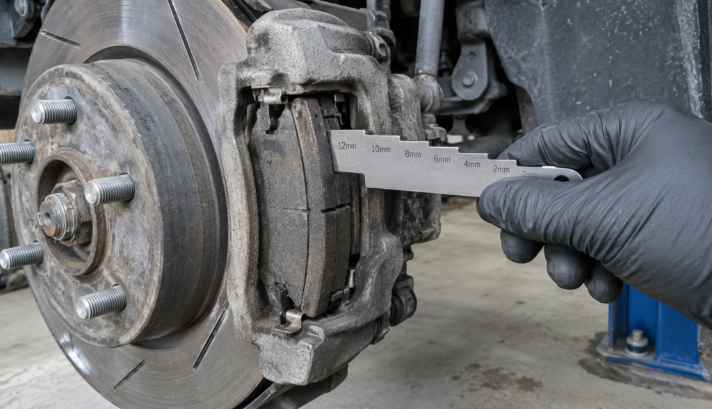 Stepped brake pad thickness gauge measuring friction material on a pad installed in caliper